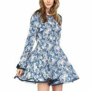 Leshop Blue & White Floral Bell Long Sleeve Dress Size Small